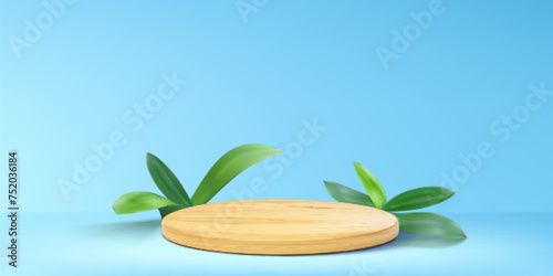 Wooden cylinder podium with green leaf or grass on pastel blue background. Realistic vector illustration of natural brown product display platform with wood texture.