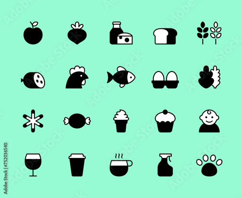 Vector supermarket food illustrations. Modern grocery icon set. Shop department navigation pictograms. Store section product templates such as fruit, dairy, milk, cheese, chicken, coffee, frozen