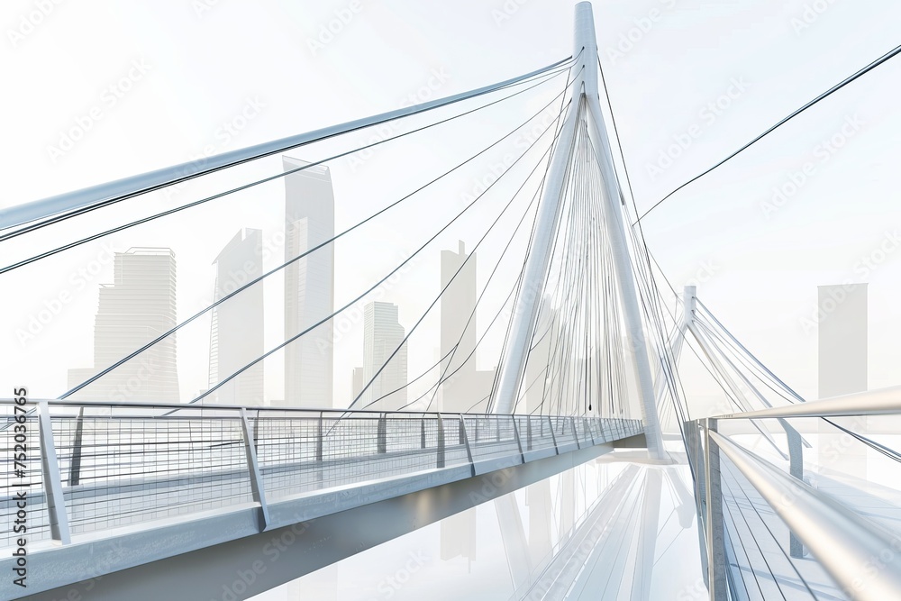 Naklejka premium Cable-stayed pedestrian bridge with panoramic city views, on isolated white background, Generative AI