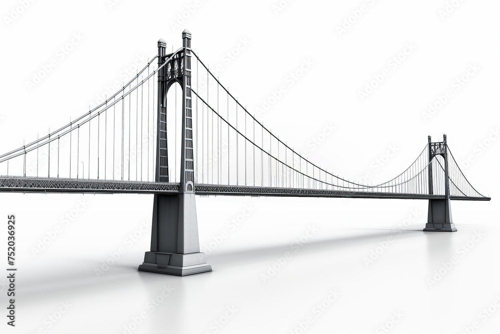 Modern suspension bridge spanning across a river, on isolated white background, Generative AI