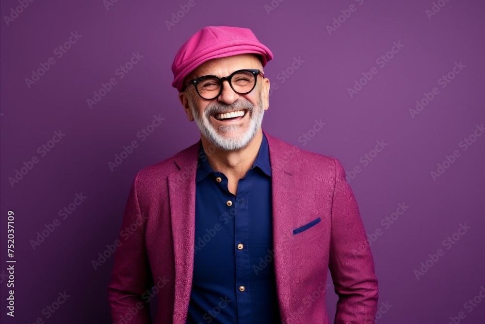 Portrait of a happy senior man in pink hat and eyeglasses Portrait of a happy senior man in pink hat and eyeglasses