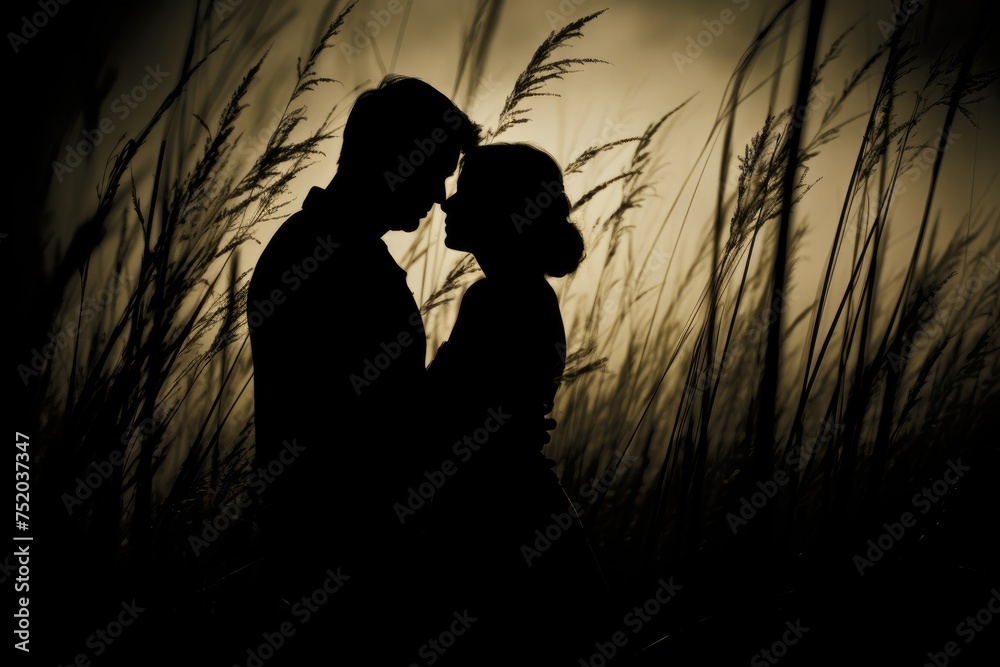 Couple's silhouette in a field of tall grass.