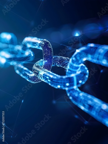 An abstract image of a chain depicted in an azure blue color in a style that combines elements of cryptidcore and futuristic digital art 