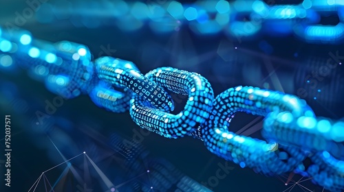 A focus on materials and modern design with a chain of links and blue data set against a white background showcasing the strength and stability of blockchain-based solutions for financial services 