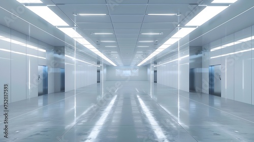 A clean and sleek industrial building with tall windows long hallways and glass doors illuminated by glowing lights in the style of high-tech futurism
