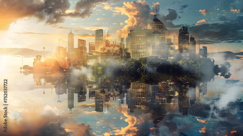 A stunning and captivating digital art of a cityscape reflected in the water at sunset in the style of ethereal escapism The image features the urban landscape with clouds and the sky reflecting