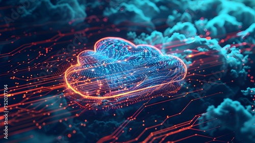 This image showcases a 3D illustration of cloud computing with a data network in the background in the style of light red and light indigo It also features a digital neon style of red and orange cloud