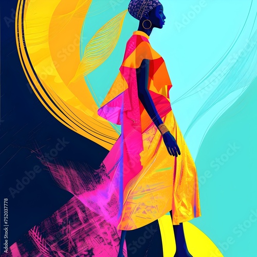 A colorful illustration of a woman in a stylish dress in the style of layered textures with bright colors inspired by afrofuturism and bamileke art showing the woman walking on the street and the city