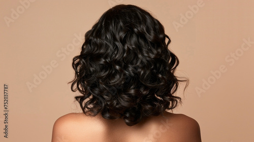 Woman with dark curly hair isolated on beige background, close up view