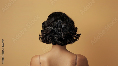 Woman with dark curly hair isolated on beige background, close up view