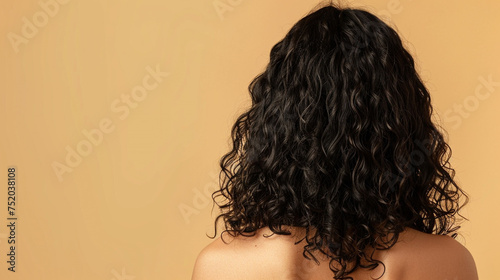 Woman with dark curly hair isolated on beige background, close up view