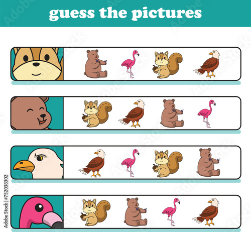Education game for children guess the correct pictures of cute wild animal cartoon. Vector Illustration