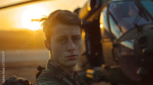 Young military man beside a vehicle at sunset. relaxed pose, reflective mood. evokes feelings of contemplation. perfect for emotional storytelling. AI