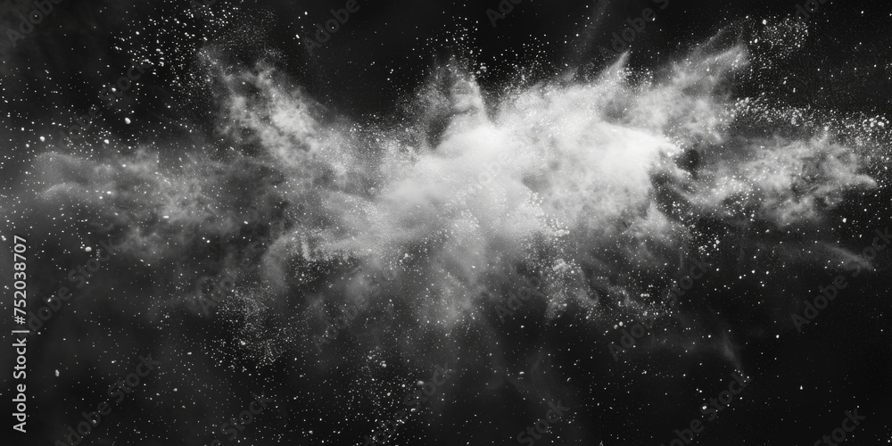 Black charcoal powder explosion, isolated on black background