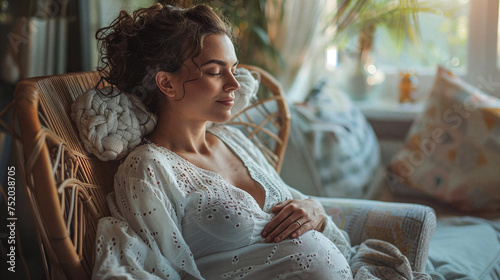 A beautiful pregnant woman is sitting in a chair, resting. photo