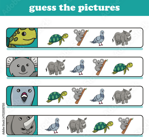 Education game for children guess the correct pictures of cute wild animal cartoon. Vector Illustration