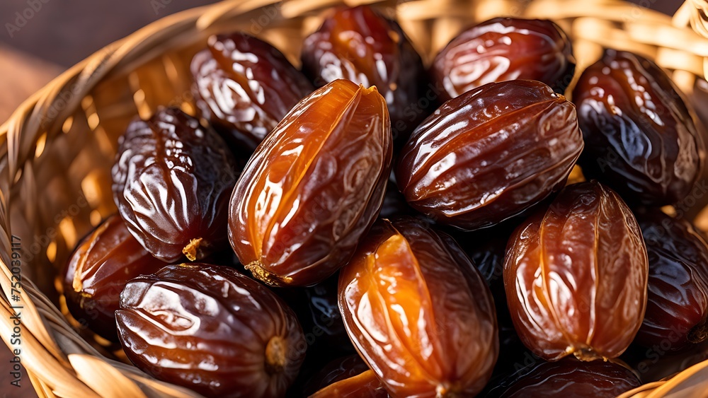 Glossy medjool dates piled in a woven basket, captured in warm light showcasing their sticky texture and rich color. Glossy medjool dates piled in a woven basket, captured in warm light showcasing their sticky texture and rich color.