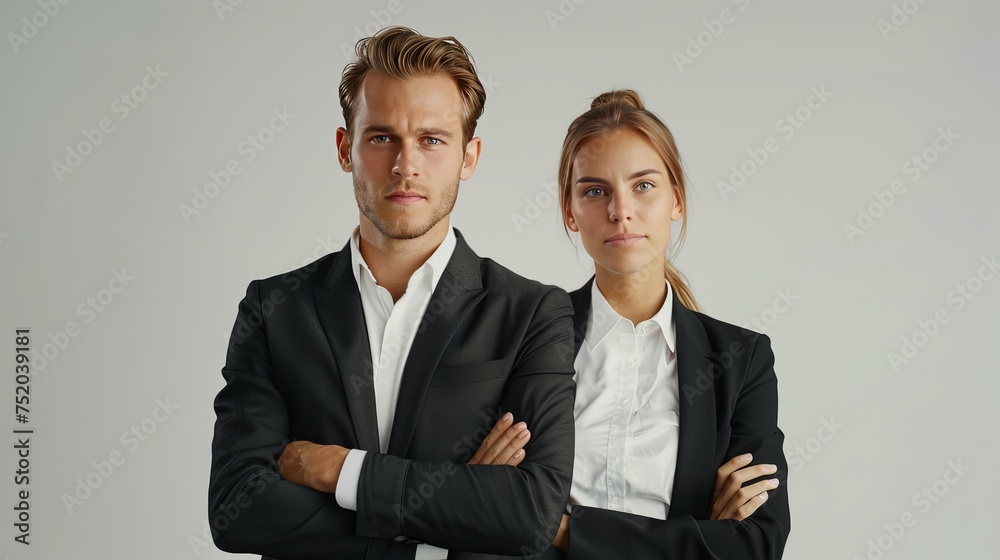 A happy couple in a studio setting, posing against a white backdrop. They have a serious expression as they look into the camera. A happy couple in a studio setting, posing against a white backdrop. They have a serious expression as they look into the camera.