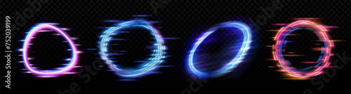 Neon glowing circle frame with glitch effect on black background. Realistic vector illustration set of ring border with tv digital light bug. Round luminous shape with video lag and noise texture.