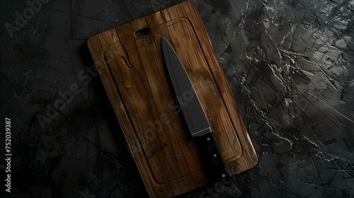 Sleek chef's knife on wooden cutting board, dark kitchen aesthetics ready for culinary adventures. homestyle cooking essentials. AI