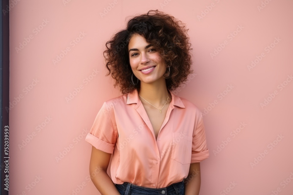 Portrait of a beautiful young woman with curly hair smiling against pink background Portrait of a beautiful young woman with curly hair smiling against pink background