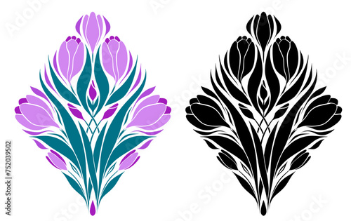 Set of vector geometric illustrations of crocuses. Collection of Art Nouveau Decorative cliparts of colorful and black silhouette spring flowers
