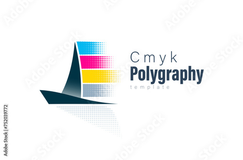 Polygraphy Print CMYK Logo. Abstract Sail Boat silhouette and ink stripes. Template design vector. White background.