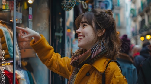 Young woman in yellow jacket shopping in a vibrant city street. enjoying urban lifestyle. casual and trendy. smiling and pointing at a window display. AI