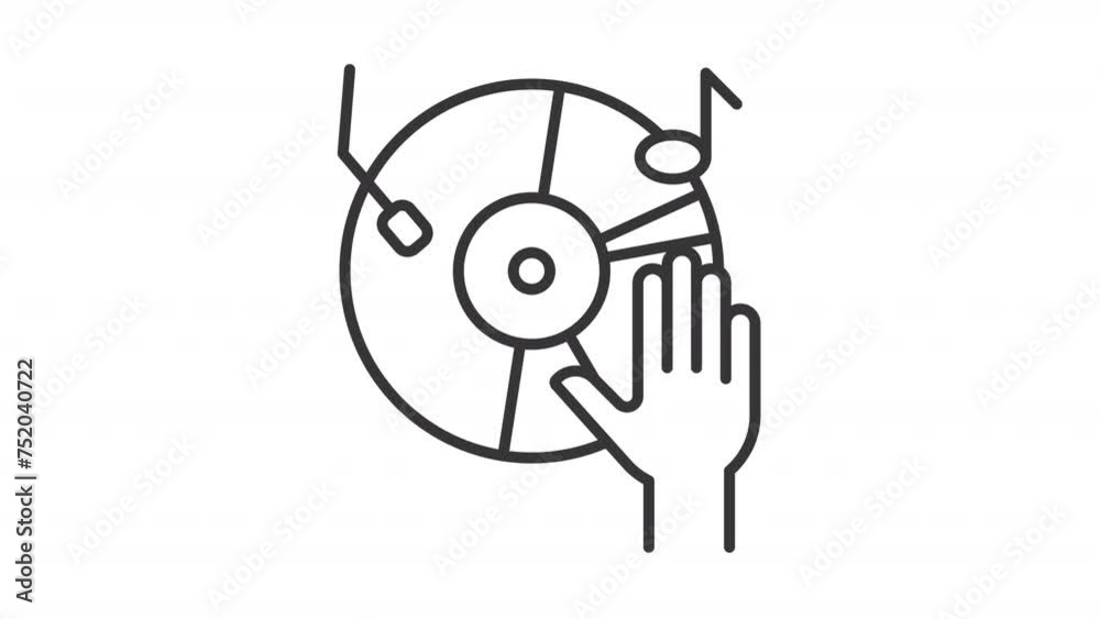 Turntable scratching line animation. Vinyl record player animated icon. Discotheque nightlife, dj equipment. Black illustration on white background. HD video with alpha channel. Motion graphic Turntable scratching line animation. Vinyl record player animated icon. Discotheque nightlife, dj equipment. Black illustration on white background. HD video with alpha channel. Motion graphic