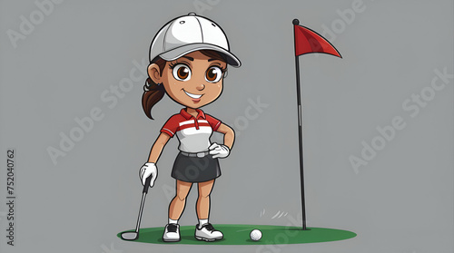 A woman cartoon golf player with a stick isolated on gray background. generative.ai © ARSHAD