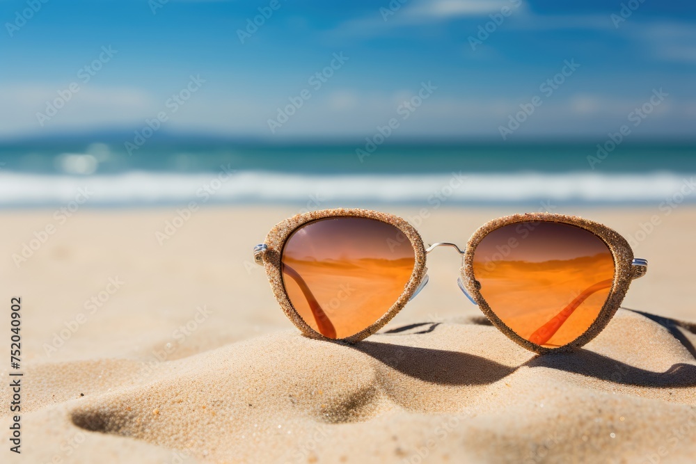 Heart-shaped sunglasses on a sandy beach.