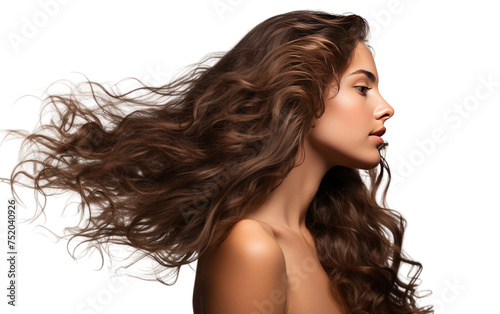 Graceful Lady with Profiling and Wavy Shimmering Hair isolated on transparent Background
