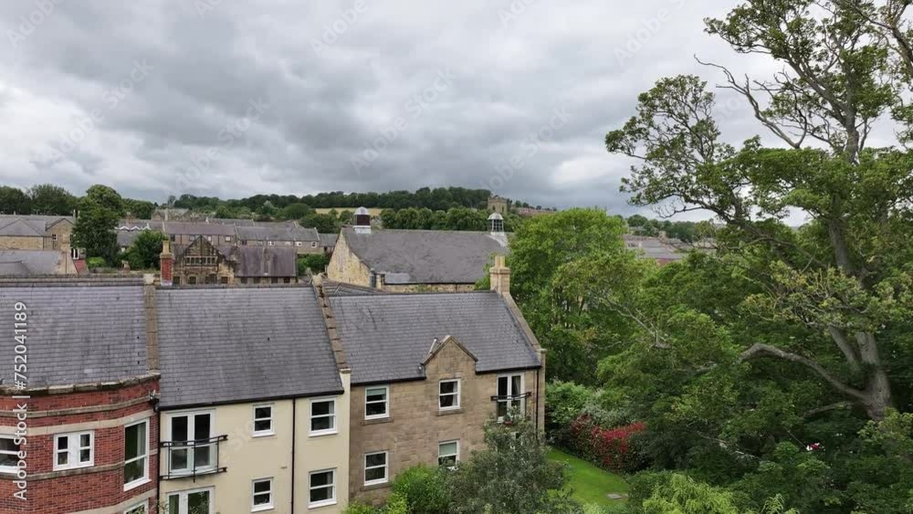 Alnwick, Northumberland, England UK. Aerial View of Old Market Town Buildings, Establishing Drone Shot Alnwick, Northumberland, England UK. Aerial View of Old Market Town Buildings, Establishing Drone Shot