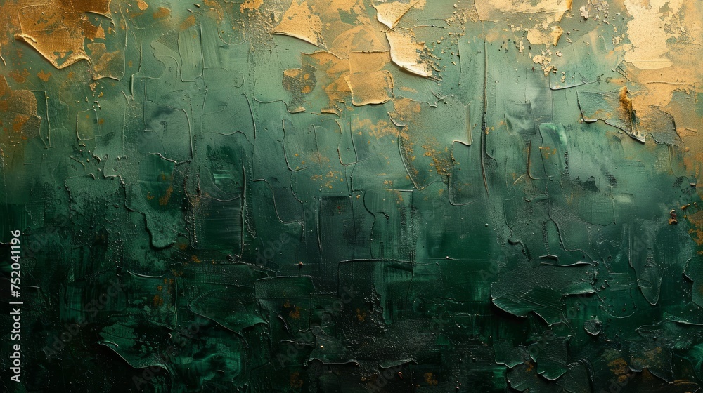 Abstract Art: Green and Gold Impasto Wall Painting Generative AI