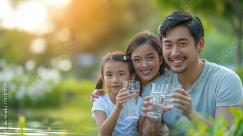 Happy Asian family drinking fresh water for heathly concept.