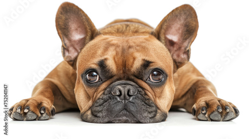 French buldog laying, head portrait, fron view isolated on white background