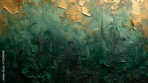 Abstract Art: Green and Gold Impasto Wall Painting Generative AI