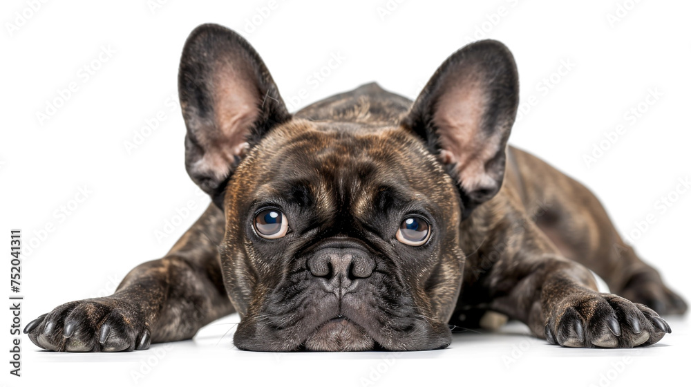 French buldog laying, head portrait, fron view isolated on white background