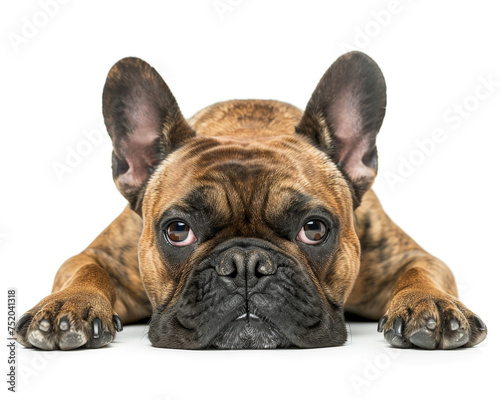 French buldog laying, head portrait, fron view isolated on white background