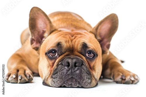 French buldog laying  head portrait  fron view isolated on white background