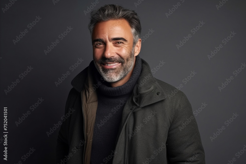 Portrait of a handsome middle-aged man with gray hair and beard wearing a grey coat and smiling at the camera while standing against grey background Portrait of a handsome middle-aged man with gray hair and beard wearing a grey coat and smiling at the camera while standing against grey background