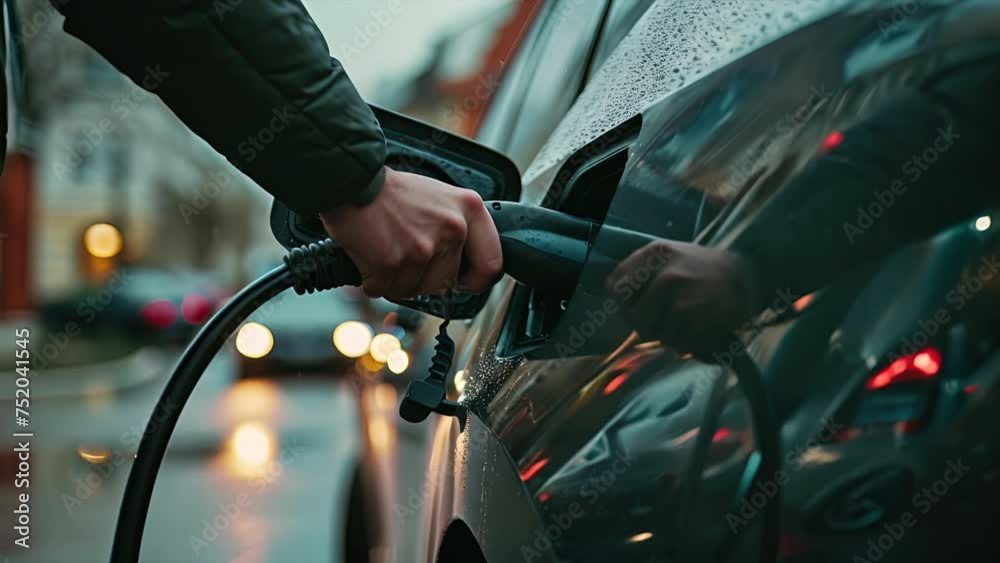 Pushing towards a hand plugging an EV charging plug into a grey electronic vehicle on a rainy day Pushing towards a hand plugging an EV charging plug into a grey electronic vehicle on a rainy day