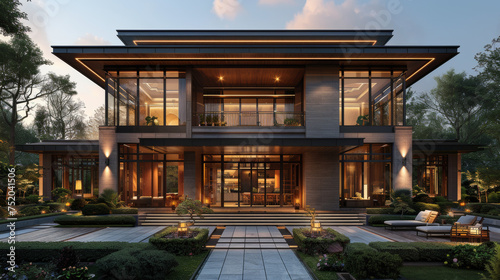 Front view of a modern asian style villa with beautiful symmetry and light in the evening © Keitma