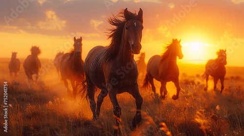 Herd of Horses Running at Sunset in the Field