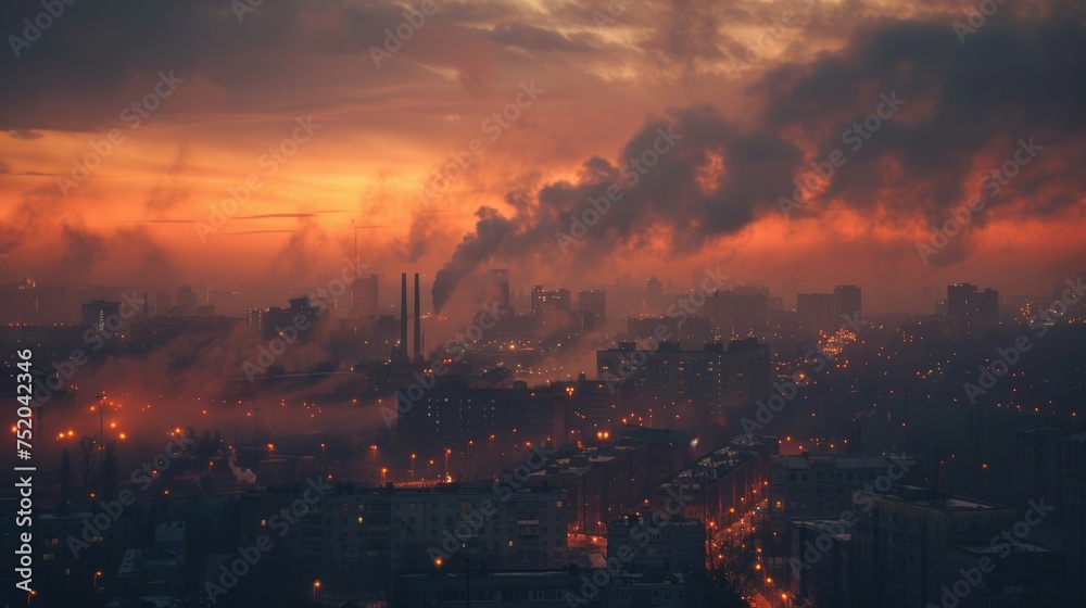 Smog-Filled City Skyline with Industrial Factory Generative AI