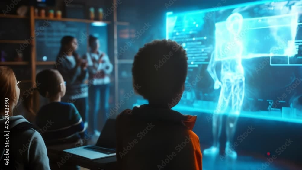 A holographic language tutor stands in front of students connected to IoT sensors that track their progress and offer personalized feedback as they practice speaking and writing A holographic language tutor stands in front of students connected to IoT sensors that track their progress and offer personalized feedback as they practice speaking and writing
