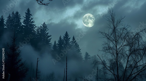Full moon illuminating spooky trees under misty dark clouds. © Yusif