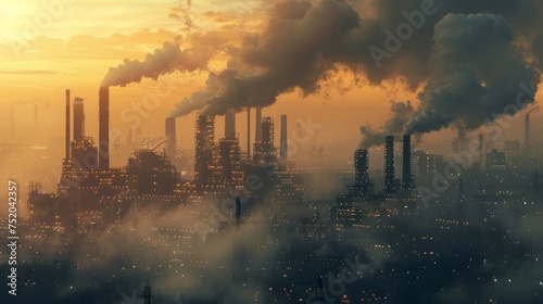 Smog-Filled City Skyline with Industrial Factory Generative AI