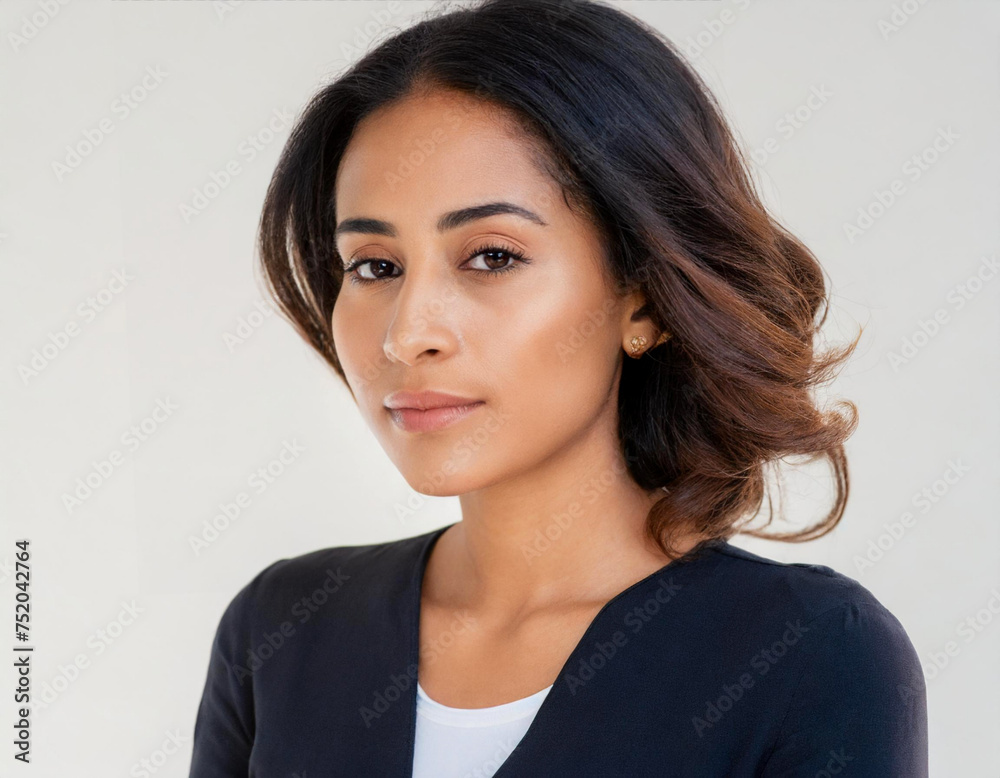 Confident beautiful woman looking seriously at camera in grey wall Confident beautiful woman looking seriously at camera in grey wall