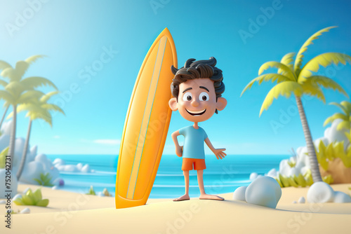 3d illustration of a boy with a surfboard on the beach.